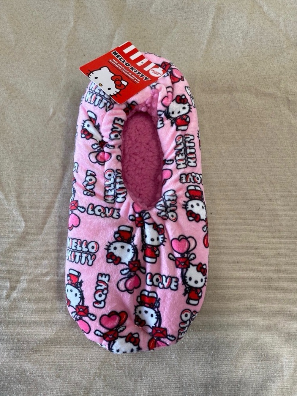 Hello Kitty Pink Fleece Grip Socks with Heart Print